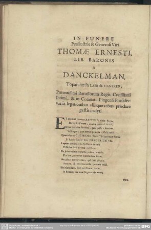 In Funere Perillustris & Generosi Viri Thomae Ernesti, Lib. Baronis A Danckelman