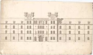 Voit, August von; Fassade - 2. Variante - Wohnhaus (Grundriss, Ansichten, Schnitt)