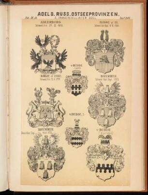 Taf. 210. - Adlerberg. Schwed. Frh. 21.III.1810. - Bagge af Bo. Schwed. Nat. Dipl. 9.VI.1556. - Boije af Gennäs. Schwed. Frh. 15.X.1771. - v. Budde. (and.) - Brummer. Schwed. Nat. Dipl. 1723. - Brummer. Schwed. Nat. Dipl. 14.VI.1731. - v. Budde, 3. - v. Budde. (Kurland.)