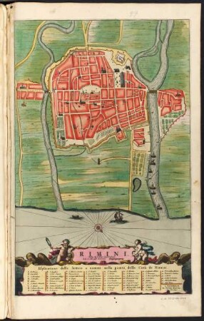 Stadtplan von Rimini, Italien, kolorierter Kupferstich, ca. 1730 : Rimini : Ville de l'Etat de l'Eglise ; Avec Privilege / Par Pierre Mortier. - [Ca. 1:15.000].- Amsterdam : Pierre Mortier, s.a. [ca. 1730]. - 1 Plan : Kupferstich ; 46 x 29 cm. - Maßstab in graph. Form (paßi Geometrici). - SW oben