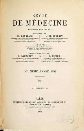 Revue de médecine. 12,[a] = Jan. - Juin. 1892. - S. 1 - 496