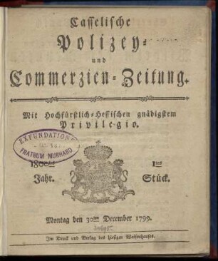 1tes Stueck, Montag den 30ten December 1799 (1800)