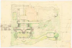 Villengarten am Griebnitzsee, Potsdam-Babelsberg: Vorentwurf im Grundriss mit Geländprofil, 1 skizzenhafte Detailansicht 1:200