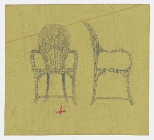 Studie eines Korbsitzmöbels : Vorder- und Seitenansicht eines Korbstuhles mit Armlehnen; Vorderansicht mit Kreuz markiert