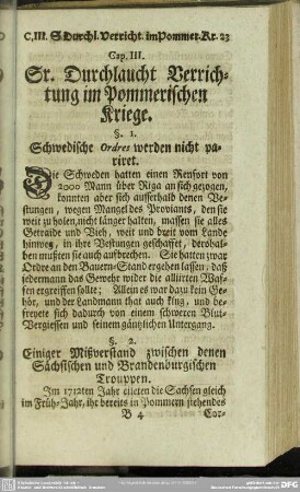 Cap. III. Sr. Durchlaucht Verrichtung im Pommerischen Kriege