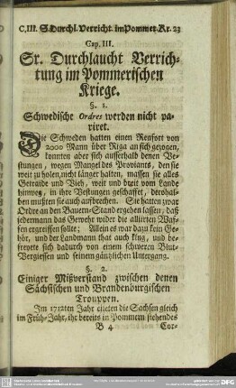 Cap. III. Sr. Durchlaucht Verrichtung im Pommerischen Kriege