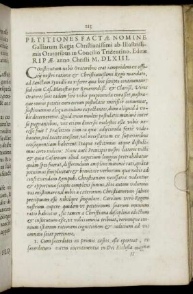 Petitiones Factae Nomine Galliarum Regis Christianissimi ab Illustrissimis Oratoribus in Concilio Tridentino ... 1563