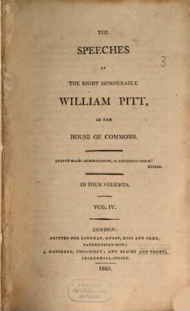 The speeches of ... William Pitt in the House of Commons : in four volumes. 4