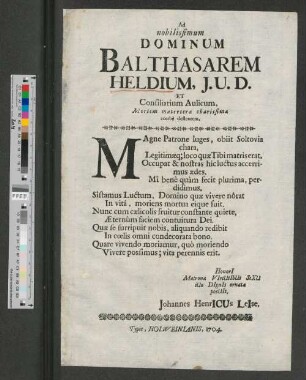 Ad nobilissimum Dominum Balthasarem Heldium, J.U.D. Mortem materteræ charissimæ acerbè deflentem ...