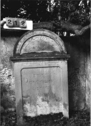 Grabstein 212 (Index: 100110569) Material: Sandstein Zustand: stark verwittert im Giebel mit großem Textverlust, sonst leicht, am unteren Rand stärker verwittert, geringer Textverlust Maße HxBxT: 127x72x17 cm Beschreibung: Stele, Rundbogenabschluß mit Verdachung, Schriftfelder eingetieft Symbolik: 3 Rosetten: Grabstein 212