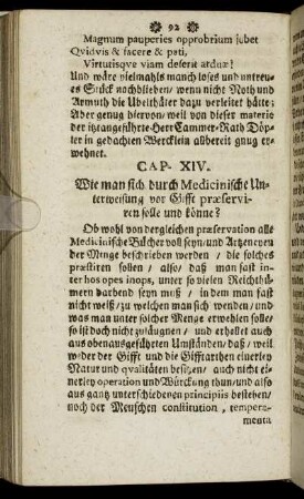 Cap. XIV. Wie man sich durch Medicinische Unterweisung vor Gifft præserviren solle und könne?