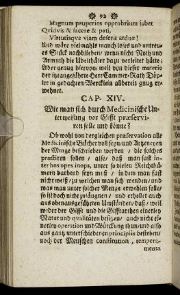 Cap. XIV. Wie man sich durch Medicinische Unterweisung vor Gifft præserviren solle und könne?