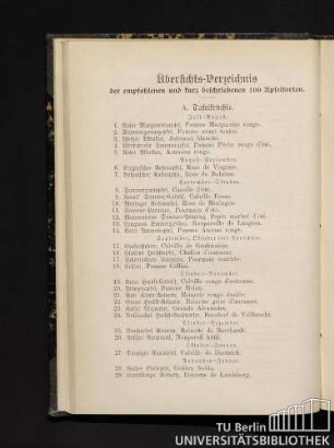 Übersichts-Verzeichnis der empfohlenen und kurz beschriebenen 100 Apfelsorten.