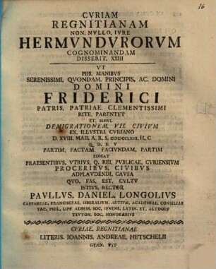 Cvriam Regnitianam Non. Nvllo. Ivre Hermvndvrorvm Cognominandam Disserit ..., 23