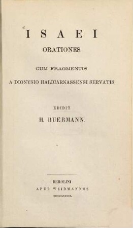 Isaei Orationes : cum fragmentis a Dionysio Halicarnassensi servatis