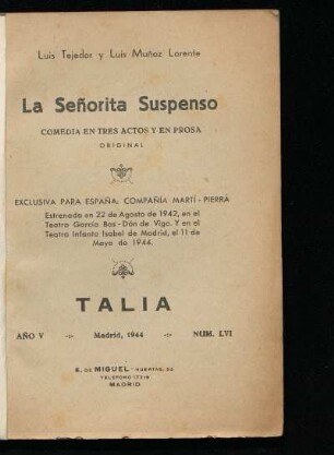 La señorita suspenso : comedia en tres actos y en prosa : original