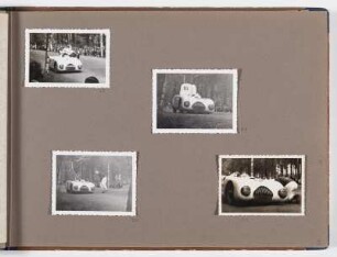 Albumseite mit Aufnahmen von einem Autorennen : Fotoalbum zum Rennsport in der DDR ab 1951. Kartoneinband mit Kordelbindung; 24,5 x 35 x 2 cm (1951). Dresden: SLUB/DF 2017.D.39