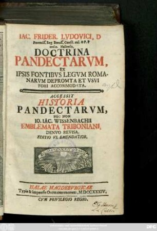 Iac. Frider. Lvdovici, D. Potentiss. Reg. Boruss. Consil. aul. & P. P ordin. Hallensis, Doctrina Pandectarvm : Ex Ipsis Fontibvs Legvm Romanarvm Depromta Et Vsvi Fori Accomodata