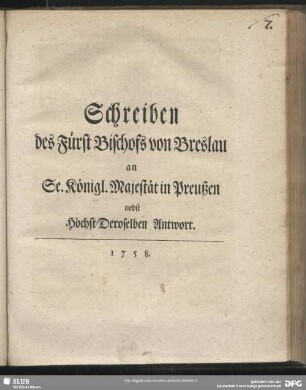 Schreiben des Fürst Bischofs von Breslau an Se. Königl. Majestät in Preußen