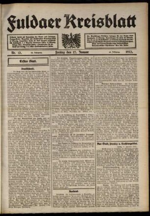Erste Ausgabe vom Freitag, den 17. Januar 1913.