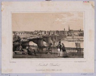 Stadtansicht von Dresden, Blick von der Altstadt über die Augustusbrücke auf die Neustadt (Dreikönigskirche mit Turm von Karl Moritz Haenel)