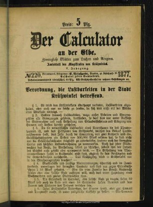 5/6.1877=Nr.220/271: Der Calculator an der Elbe : zwanglose Blätter zur Unterhaltung; Amtsblatt von Krähwinkel