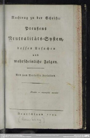 Nachtrag zu der Schrift: Preußens Neutralitäts-System : dessen Ursachen und wahrscheinliche Folgen