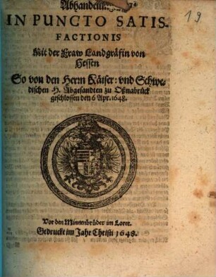 Abhandlung in puncto satisfactionis mit der Fraw Landgräfin von Hessen