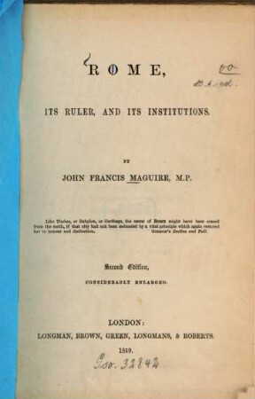 Rome, its ruler and its institutions