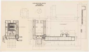 Wochenend-Hotel und Strandbad: Wochenend-Hotel: Grundrisse Kellergeschoss, Zwischengeschoss 1:200