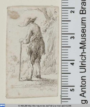 Rückenansicht eines Mannes mit Hut, Gehstock und Trinkbeutel am Gürtel