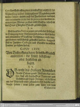 Caput LXVII. Von Bestraffung derer, so boßhafftiglich austreten, die Leute befehden, oder denselben absagen