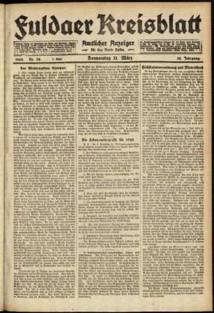 Erste Ausgabe vom Donnerstag, den 11. März 1920.