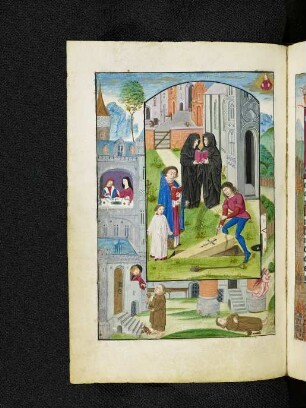 Vollbordürenseite mit historisierter Landschaftsbordüre (Gleichnis vom reichen Prasser und armen Lazarus) und Miniatur: Bestattung