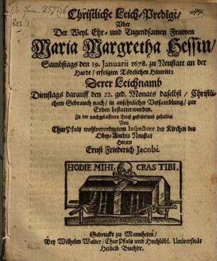 Christliche Leich-Predigt uber Frawen Maria Margar. Hestiae tödtlichen Hintritt