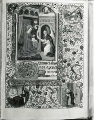 Verkündigung Mariä, Joachims Opfer, Verkündigung an die Hirten, Anna und Joachim und Geburt der Maria. Illuminierte Seite aus dem Livre d'heures. Buchmalerei, 19,5 x 14,4 cm, Französisch, 15. Jahrhundert