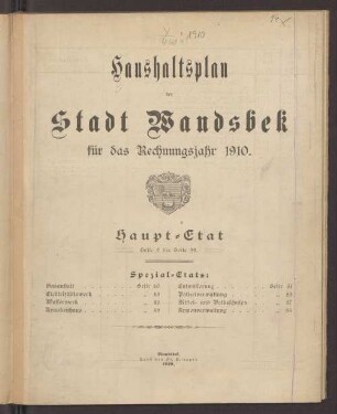 1910: Haushaltsplan der Stadt Wandsbek