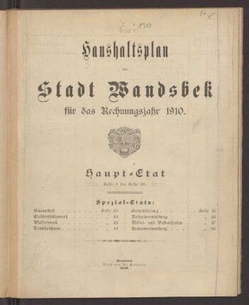 1910: Haushaltsplan der Stadt Wandsbek