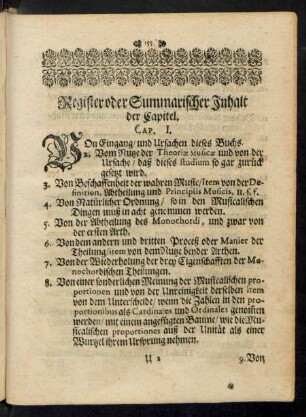 Register oder Summarischer Inhalt der Capitel.