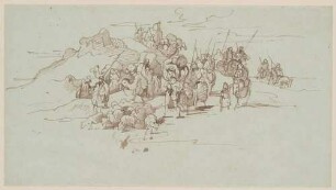 Eine Karawane mit Kamelen, Pferden und Schafen an einer Felsengruppe