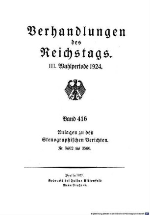 Verhandlungen des Reichstages. Stenographische Berichte. 416. 1924