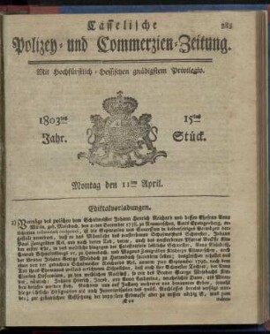 15tes Stueck, Montag den 11ten April 1803