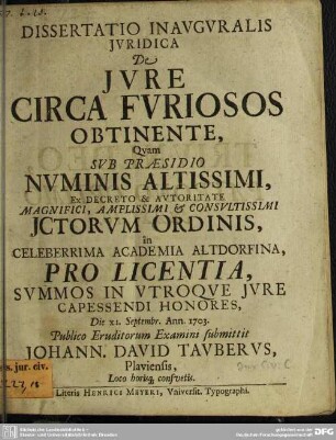 Dissertatio Inauguralis Iuridica De Iure Circa Furiosos Obtinente : ... Die XI. Septembr. Ann. 1703.