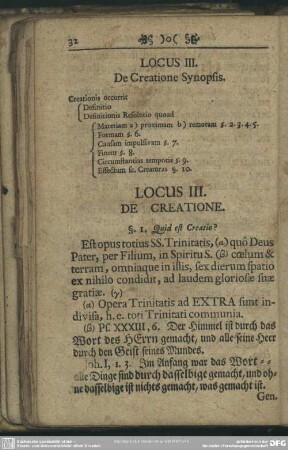 Locus III. De Creatione Synopsis