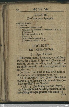 Locus III. De Creatione Synopsis