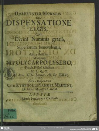 Dissertatio moralis de dispensatione legis