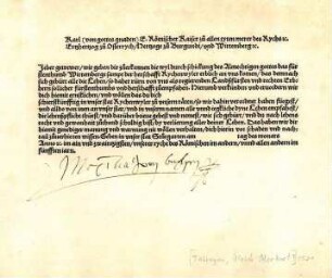Mandat von Kaiser Karl V als Herzog von Württemberg an die Lehensträger mit Aufforderung zum Gehorsam