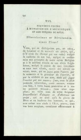 XVI. Fervente Priere À Monseigneur L'Archevéque Et Aux Evêques De Suéde.