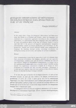 Quelques Observations Et Réflexions Sociolinguistiques Sur L'Évolution Du Turc Et Du Français Ertuğrul Efeoğlu