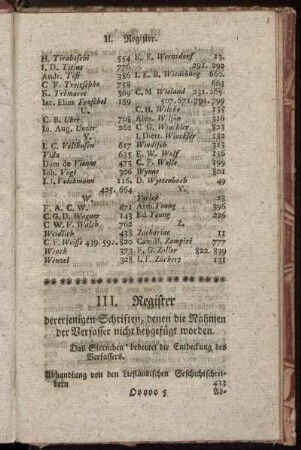 III. Register dererjenigen Schriften, denen die Nahmen der Verfasser nicht beygefügt worden.